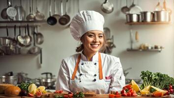 ai generato contento donna cucinare nel ristorante cucina foto