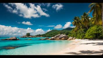 ai generato magnifico soleggiato spiaggia nel Seychelles foto