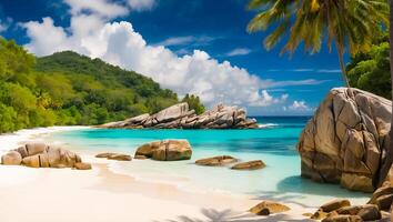 ai generato magnifico soleggiato spiaggia nel Seychelles foto