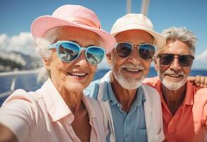 ai generato ritratto di contento anziano persone su vacanza a mare foto