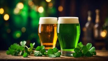 ai generato bicchieri con verde birra, trifoglio le foglie sfondo foto