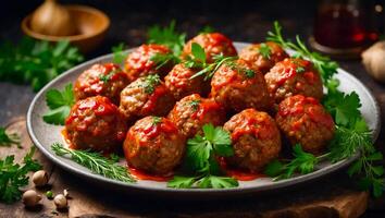 ai generato delizioso appetitoso Polpette nel pomodoro salsa su il tavolo foto