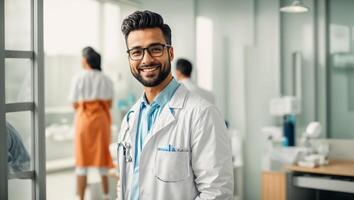 ai generato sorridente maschio medico nel clinica foto