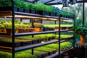 ai generato microgreens sotto guidato luci su verticale scaffali. agricoltura tecnologia con interno cremagliere pieno di micro verdi. macro e micro attività commerciale eco prodotti, salutare mangiare e super cibo foto