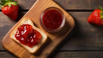 ai generato delizioso appetitoso pane con fragola marmellata su il tavolo foto