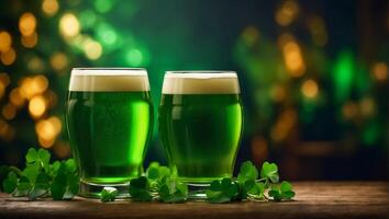 ai generato bicchieri con verde birra, trifoglio le foglie sfondo foto