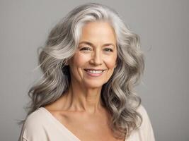 ai generato bellissimo anziano donna con grigio capelli foto