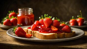 ai generato delizioso appetitoso pane con fragola marmellata su il tavolo foto