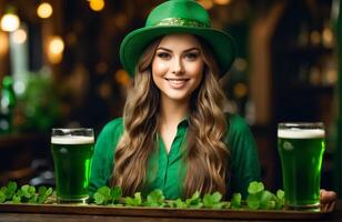 ai generato bellissimo ragazza con un' bicchiere di verde birra, indossare un' cappello con trifoglio le foglie sfondo foto