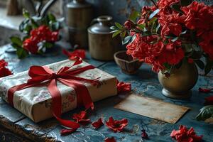 ai generato nastri di romanza. un' delicato regalo scatola, perfettamente preparato per un' San Valentino giorno o anniversario celebrazione foto