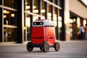 ai generato un' robot su un' città strada. il concetto di il futuro, tecnologia, un senza equipaggio robot Corriere foto