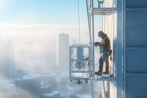 ai generato un' vero costruzione lavoratore a un' grattacielo costruzione luogo su un' freddo inverno giorno foto