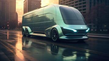 ai generato un' futuristico elettrico auto su un' città strada. un' concetto di il futuro foto