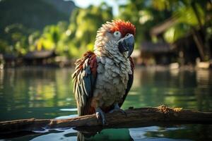 ai generato un' pappagallo su il acqua vicino il isola di tahiti. uccello foto