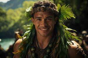 ai generato ritratto di un' polinesiano uomo a partire dal il Pacifico isola di tahiti. francese polinesia foto