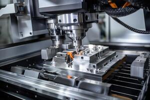 ai generato lavorazione dei metalli su cnc macchine, moderno industriale tecnologia per produzione industriale parti foto