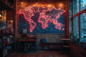 ai generato un' mondo carta geografica su il parete con neon illuminazione. progettista arredamento su il parete nel il camera foto