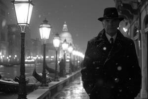 ai generato un' uomo nel un' cappotto e cappello passeggiate a notte lungo il inverno illuminato lungomare di Venezia. Italia foto