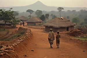 ai generato un africano villaggio. persone a piedi lungo il strada nel Africa foto