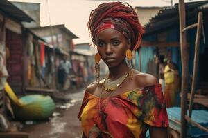 ai generato ritratto di un' elegante giovane ragazza nel un africano bassifondi foto