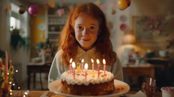 ai generato un' dai capelli rossi giovane ragazza volontà soffio su il candele su il compleanno torta foto