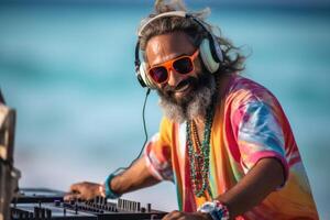 ai generato un' allegro dj con bicchieri è giocando a un' spiaggia festa. all'aperto concerto foto