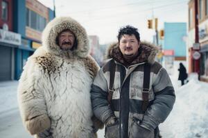 ai generato Due eschimese uomini nel pelliccia cappotti In piedi al di fuori durante il giorno nel inverno foto