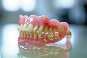 ai generato rimovibile dentiera, dentiere su il desktop. dentale cura. foto