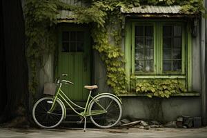 ai generato un' elegante verde bicicletta sta vicino un vecchio verde Casa foto