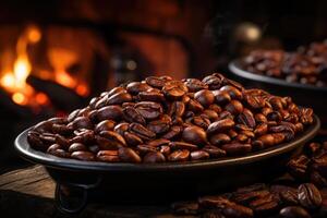 ai generato arrostito caffè fagioli avvicinamento nel piatti . colombiano caffè foto