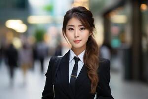 ai generato giovane asiatico attività commerciale donna nel il città raffigurante fiducia e successo nel sua professionale vita, urbano mezzi di trasporto Immagine foto