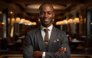 ai generato africano americano uomo d'affari con orgoglio in posa con attraversato braccia nel un' Hotel, finanziario responsabilità Immagine foto