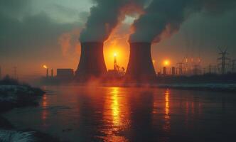 ai generato Due alto Tech nucleare energia torri emitting vapore in il cielo, inquinamento e industriale urto immagine foto
