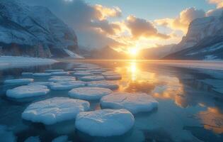 ai generato luce del sole brilla su ghiaccio floes nel un' sereno lago la creazione di un' abbagliante inverno scena con scintillante congelato acqua, globale temperatura salire Immagine foto