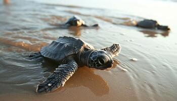 ai generato liuto tartaruga bambini rilasciato in il mare, subacqueo marino vita immagine foto