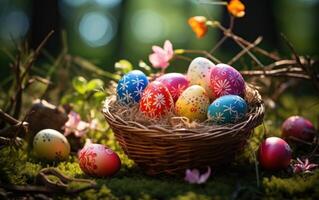 ai generato un' cestino detiene colorato Pasqua uova su verde erba, Pasqua uovo caccia concetto foto