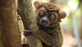 ai generato carino Tarsier primate a Tarsier visitatore centro osservando visitatori con grande occhi nel suo naturale habitat, raro specie immagine foto