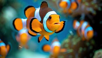 ai generato colorato clown pesce nuoto insieme nel un' vivace subacqueo danza in giro loro corallo casa, subacqueo marino vita immagine foto