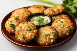 ai generato gustoso sabudana vada un' nord indiano strada cibo con chutney croccante fritte merenda fatto a partire dal tapioca perle Perfetto per un' delizioso trattare, Gudi Padwa dolci e cucina Immagine foto