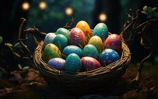 ai generato vivace Pasqua uova riempire un' cestino su verde erba, Pasqua uovo caccia foto