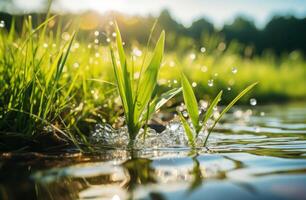 ai generato chiaro acqua con grazia flussi al di sopra di vivace verde erba e alto lame, acqua flusso immagine foto