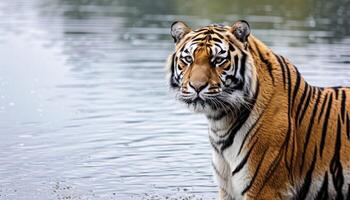 ai generato maestoso tigre con orgoglio sta di acqua in mostra forza e bellezza nel suo naturale habitat, maestoso grande gatti immagine foto