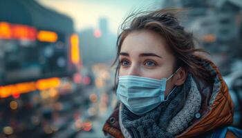 ai generato donna nel medico maschera su città sfondo evidenziazione Salute precauzioni durante urbano vita, aria inquinamento e smog Immagine foto