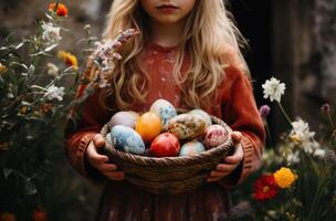 ai generato contento bambino detiene cestino pieno con colorato Pasqua uova, Pasqua uovo caccia Immagine foto