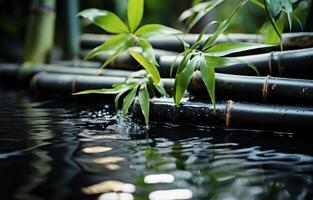 ai generato bambù e nero pietre flusso con grazia nel un' acqua pieno piscina, acqua flusso Immagine foto