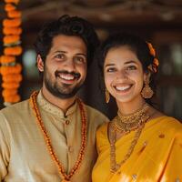 ai generato marathi indiano coppia sorridente vestito nel tradizionale abbigliamento, Gudi Padwa famiglia celebrazione immagine foto