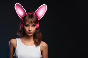 ai generato donna indossare coniglietto orecchie pose nel un' bianca superiore radiante giocoso fascino e divertimento vibrazioni, Pasqua moda immagine foto