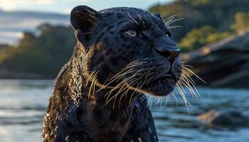 ai generato maestoso nero pantera con orgoglio sta di il acqua, maestoso grande gatti Immagine foto