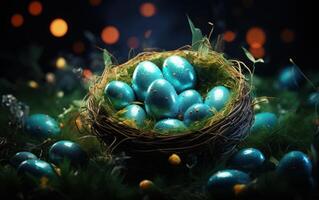 ai generato vivace Pasqua uova visualizzato nel un' erboso cestino, Pasqua uovo caccia Immagine foto