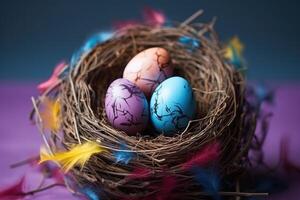 ai generato colorato Pasqua uovo riposa nel un animale nido su un' vivace sfondo, Pasqua cesti immagine foto